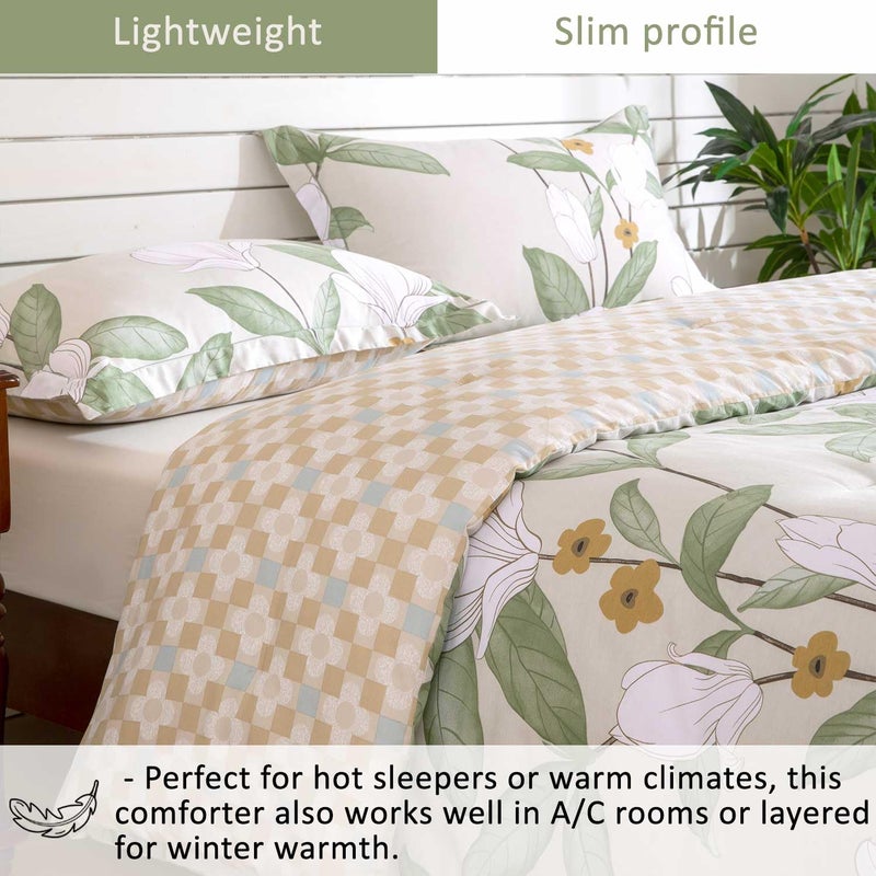 ALEISSEL Pale Moss Green Botanical Cotton Comforter Queen Size - Elegant White Magnolia Floral Front & Retro Taupe Checkerboard Reverse  Lightweight 3PC Bedding Sets with Soft Fill 90  90 - Image 3